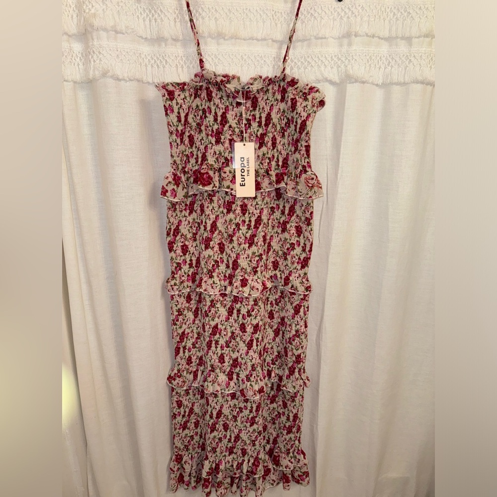 NWT Europa The Label Smocked Ruffle Midi Dress